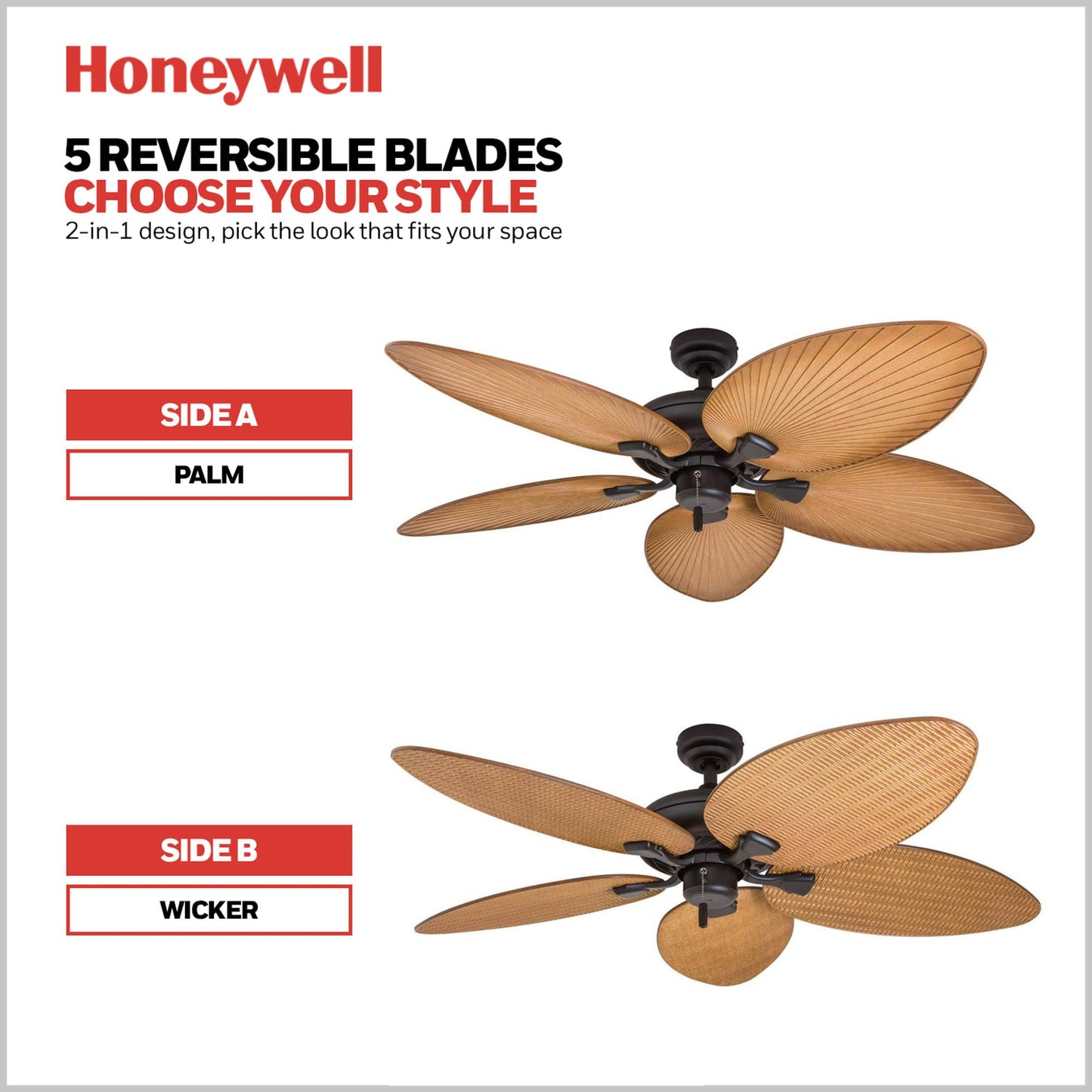 Honeywell Ceiling Fans Palm Island, 52 Inch Tropical Indoor Outdoor Ceiling Fan with No Light, Pull Chain, Three Mounting Options, 5 Palm Leaf Blades, Damp-Rated - 50505-01 (Bronze)