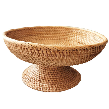 i-lan12inch Natural Rattan Decorative Pedestal Fruit Bowl,Handmade Rustic High Stand Fruit Bowls for Kitchen Counter or Dinning Table,Decorative Pedestal Storage Basket for Home Décor,11.8"x11.8"x5.5" i-lan