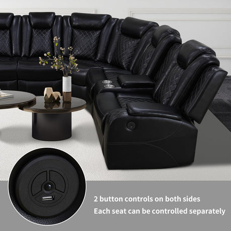 Caberryne Power Recliner Sofa Sectional Couch with LED Light for Living Room,Leather Reclining Corner Sectional Sofa with 2 Recliner Seats,Cup Holder,Storage Console for House/Home Theater, Black Caberryne