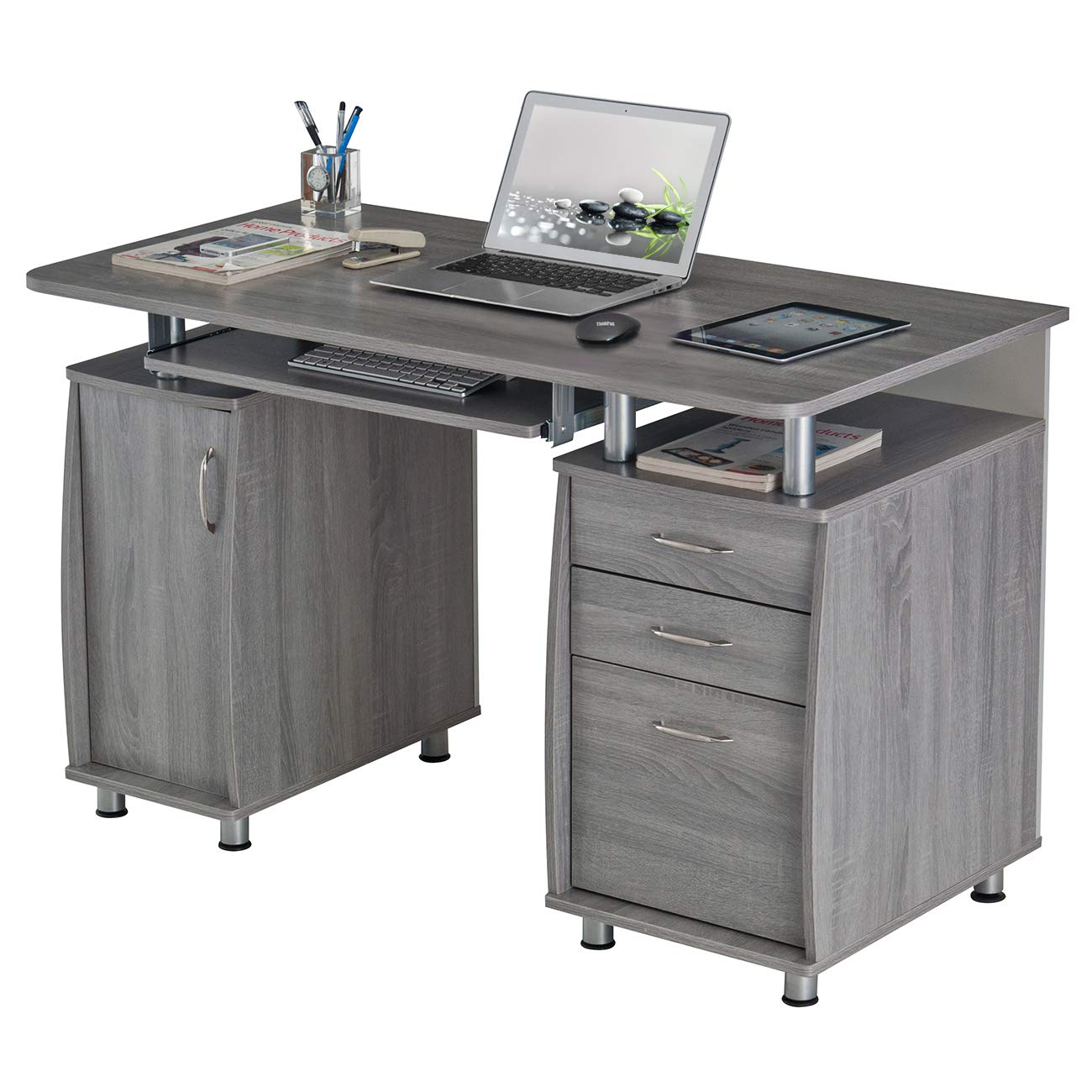 47.5'' Computer Desk with File Cabinet and Drawers, Storage Cabinet with Removable Shelf and Ventilation for CPU, Home Office Desk or Computer Workstation with Keyboard Tray, Grey