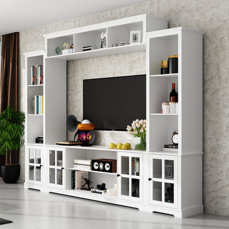 WOODTIME Large Wall Unit Entertainment Center with Bookshelves, Modern 4-Piece TV Stand with Bridge Cabinet & 19 Shelves, Media Console Table with Glass Doors for Living Room & Home Theater, White WOODTIME
