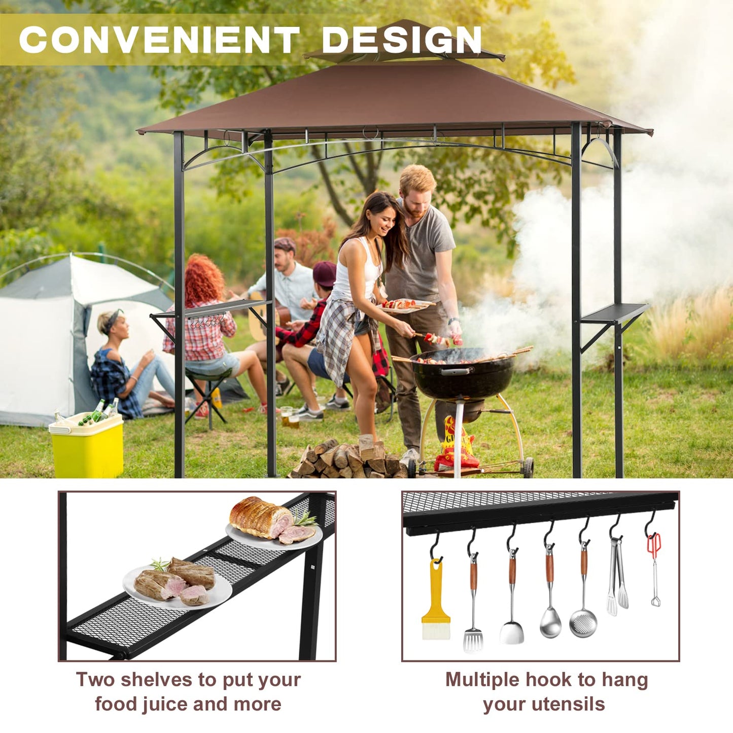 8' X 5' Outdoor Grill Gazebo BBQ Canopy Tent with Two Shelfs and Hook, Steel Frame Party Gazebo Pergola for Garden Deck Backyard Lawn Poolside Porch Balcony Camping, Brown