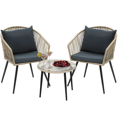 YITAHOME 3-Piece Outdoor Patio Furniture Wicker Bistro Set, All-Weather Rattan Conversation Chairs for Backyard, Balcony and Deck with Soft Cushions, Glass Side Table, Gray Rattan - WoodArtSupply