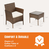 Sweetcrispy Patio Furniture Set 3 Pieces, Outdoor Furniture with Soft Cushion and Glass Table, All Weather Manual Weaving Wicker Rattan Patio Chairs for Garden, Terrace, Porch, Lawn (Brown and Beige) Sweetcrispy