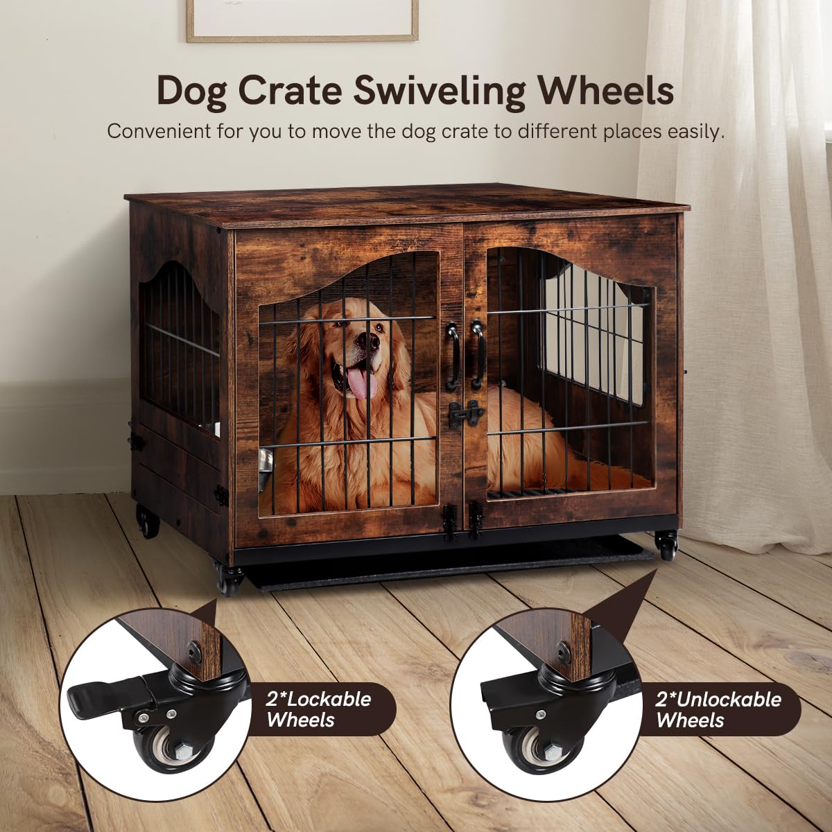 Snowtaros Dog Crate Furniture, Wooden Dog Kennel with 360° Rotatable Bowls, Heavy Duty Dog Crate with Double Doors, Dog Cage End Table Indoor with Removable Tray Swiveling Wheels for Small Me - WoodArtSupply