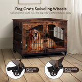 Snowtaros Dog Crate Furniture, Wooden Dog Kennel with 360° Rotatable Bowls, Heavy Duty Dog Crate with Double Doors, Dog Cage End Table Indoor with Removable Tray Swiveling Wheels for Small Medium Dogs Snowtaros