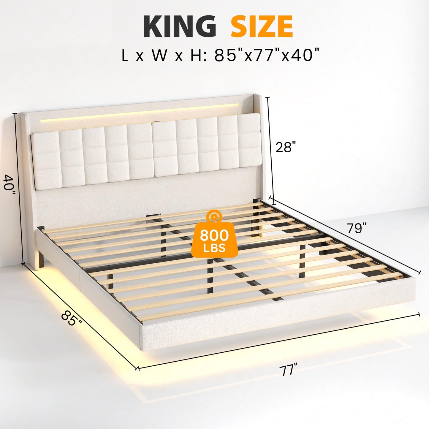 Zevemomo Floating King Bed Frame with Storage Headboard, Upholstered Platform Floating Bed Frame King with LED Lights, Charging Station with USB Ports, Noiseless, White