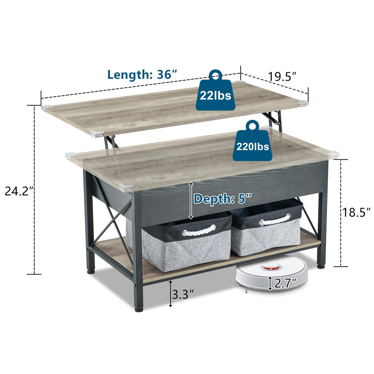 VINGLI 36" Lift Top Coffee Table with Free Cloth Storage Bins, Rustic Framhouse Grey Coffee Table for Living Room, Small Modern Coffee Table for Small Space in Minimalistic Style, Gray VINGLI