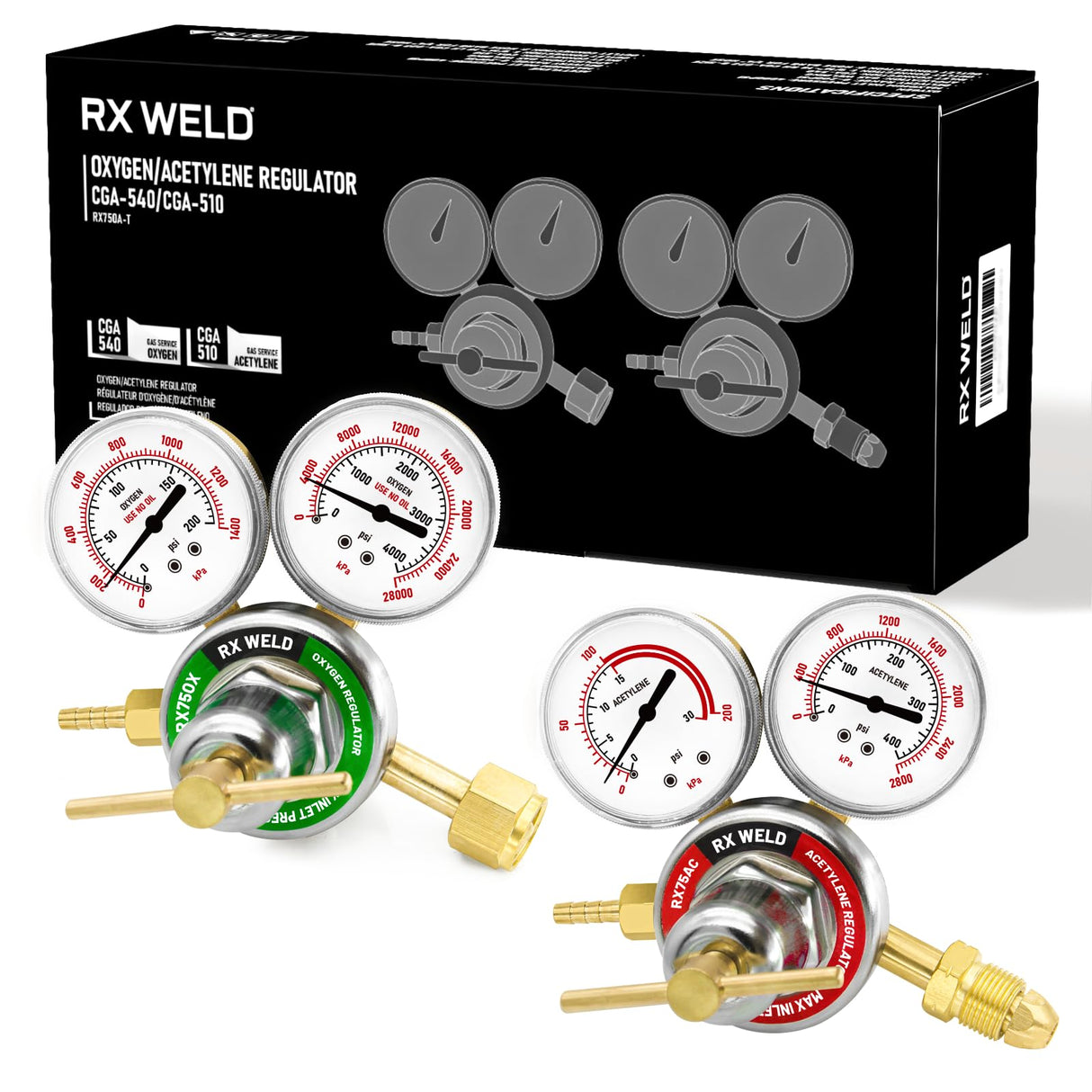 RX WELD Oxygen and Acetylene Regulators CGA540 and CGA510- Compatible with V-Style Welding Gas Torch Cutting, T-Handle RX WELD
