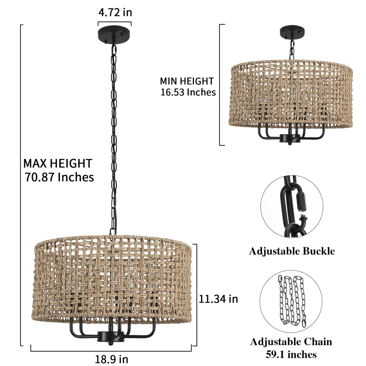 LASENCHOO 5 Lights Rattan Wicker Drum Chandeliers for Dining Room, Dia 19" Drum Pendant Light Fixture Hanging Boho Chandelier for Living Room Kitchen Entryway Hallway Bedroom, Height Adjustment LASENCHOO