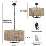 LASENCHOO 5 Lights Rattan Wicker Drum Chandeliers for Dining Room, Dia 19" Drum Pendant Light Fixture Hanging Boho Chandelier for Living Room Kitchen Entryway Hallway Bedroom, Height Adjustment LASENCHOO