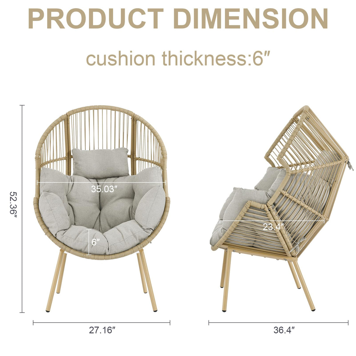 Egg Chair Outdoor Basket Chairs - Wicker Patio Cuddle Chair with Cushions Rattan Tear Drop Egg Chair for Indoor Bedroom Outside Porch Deck Backyard Garden(Yellow/Beige) Pugire