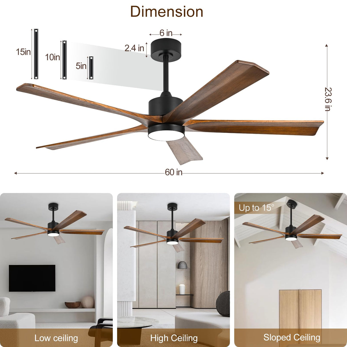 heimo 60 Inch Ceiling Fans with Lights and Remote, Wood Indoor Outdoor Ceiling Fan with Light for Patios Living Room Bedroom 5 Blades DC Motor Mid Century Modern Wooden Fan (Walnut) heimo