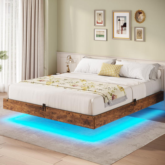 BTHFST Vintage Brown Floating Bed Frame with LED Lights – Industrial Metal & Wooden Full Platform Design, No Box Spring Required, Easy Assembly - WoodArtSupply