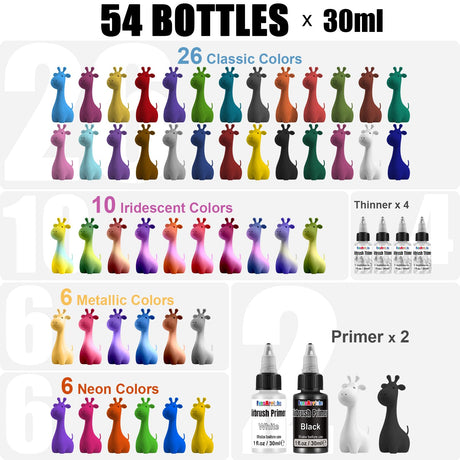 FansArriche Airbrush Paint, 48 Colors with 4 Thinner and 2 Primer, Water-Based Metallic & Neon & Iridescent Acrylic Air Brush Painting Set, 30 ml/Bottle FansArriche