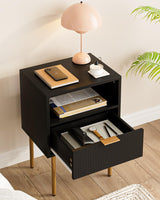 AEPOALUA Nightstand,Small Bedside Table with Gold Frame,Black Night Stand,Bedside Furniture,End Table,Side Table with Drawer and Shelf for Bedroom,Living Room (Modern-Stripe, Black) AEPOALUA