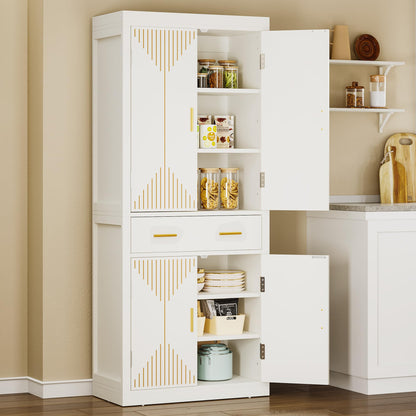 YITAHOME Pantry Cabinet, 72" Tall Kitchen Cabinet with Carved Design Doors, Modern Freestanding Tall Cupboard Storage Cabinet with a Drawer ＆ Adjustable Shelves for Kitchen, Living Room, White