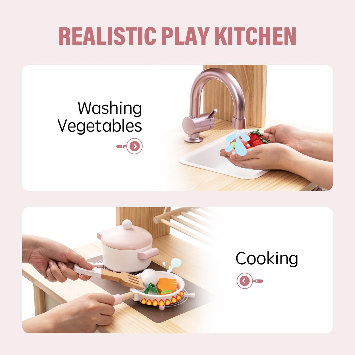 ROBUD Play Kitchen for Kids Toddlers, Wooden Play Kitchen with Realistic Accessories, Toy Kitchen Set with Plenty of Play Features, Modern Style Toy Kitchen for Girls & Boys, Gift for Ages 3+, Pink
