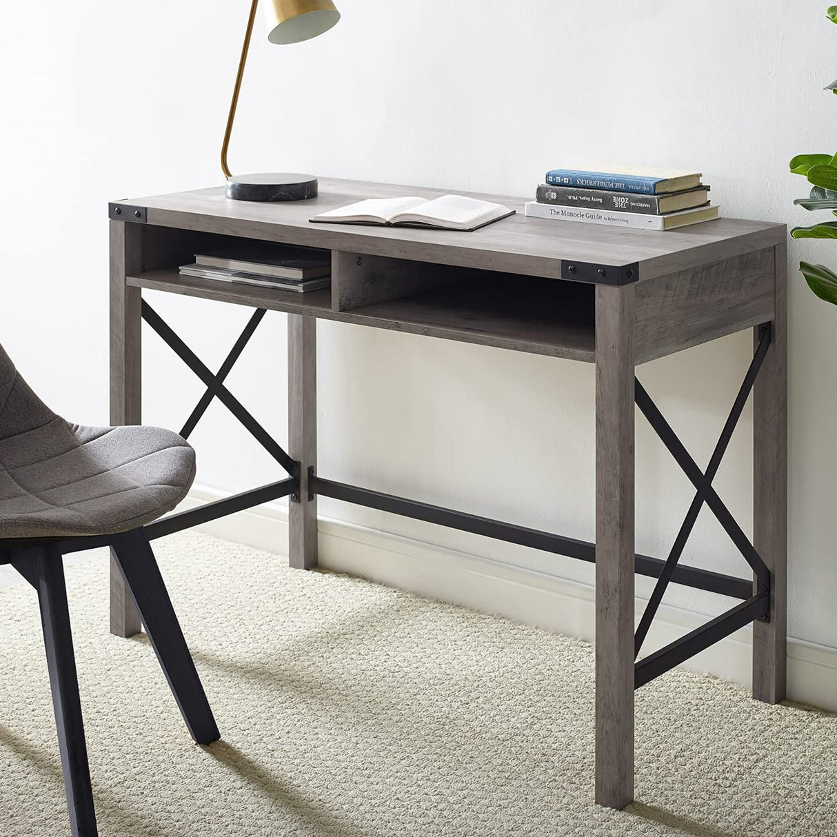 Walker Edison Callum Modern Farmhouse Metal X Writing Desk, 42 Inch, Grey Wash Walker Edison