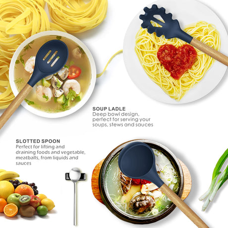 Silicone Cooking Utensils Set - 446°F Heat Resistant Silicone Kitchen Utensils for Cooking,Kitchen Utensil Spatula Set w Wooden Handles and Holder, BPA FREE Gadgets for Non-Stick Cookware (Navy Blue) oannao