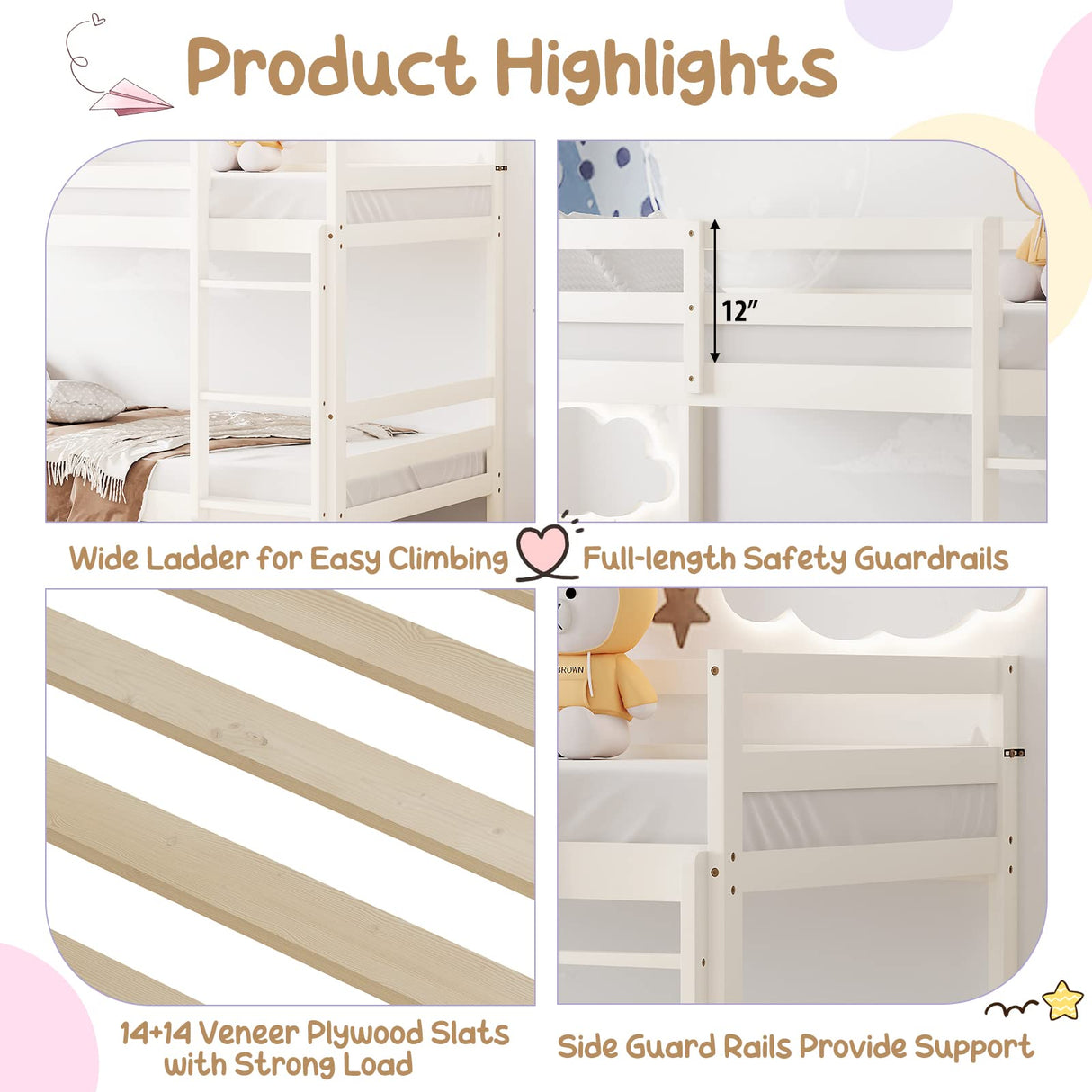 KOMFOTT Wood Bunk Bed Twin Over Twin, Bunk Bed with Ladder & Safety Guardrail, Solid Wood Bed Frame, Ideal for Dormitory & Multiple-Child Family, No Box Spring Needed, Kids Bed Frame KOMFOTT