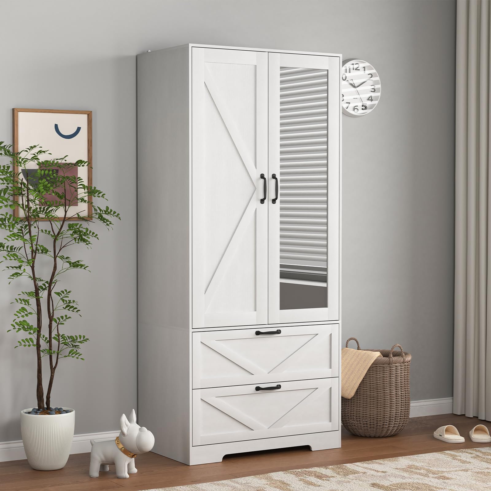 UZUGUL Armoire Wardrobe Closet with Mirror Door and Light,Farmhouse Bedroom Armoire Cabinet with Hanging Rod and 2 Drawer,Wooden Wardrobe Cabinet Closet with Adjustable Shelf for Bedroom - WoodArtSupply