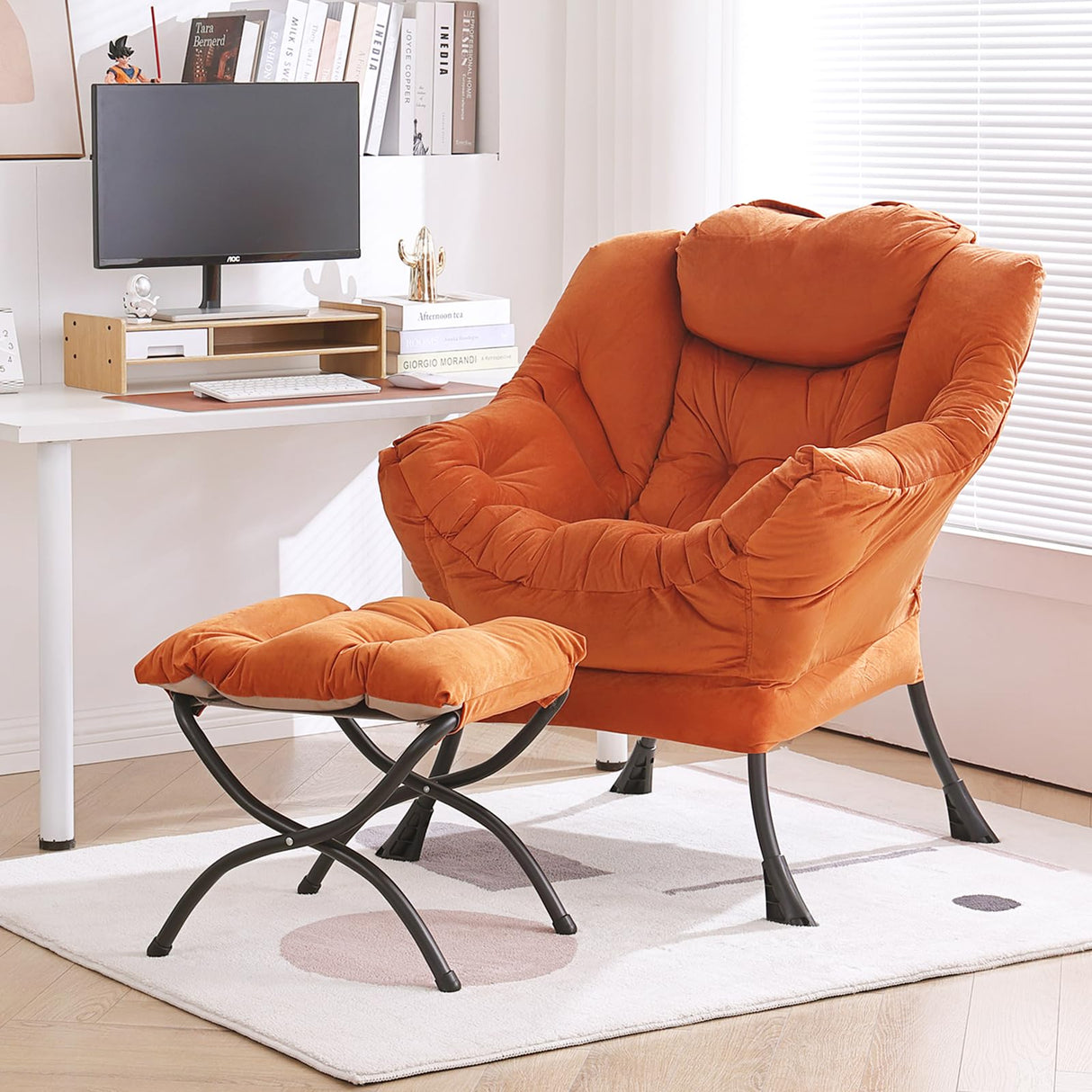 Furlide Lazy Chair with Ottoman, Modern Chair with Folding Footrest, Lounge Accent Chair, Comfortable Reading Chair, Oversized Armchairs for Bedroom, Study, Living Room, Courtyard (Velvet Orange) Furlide