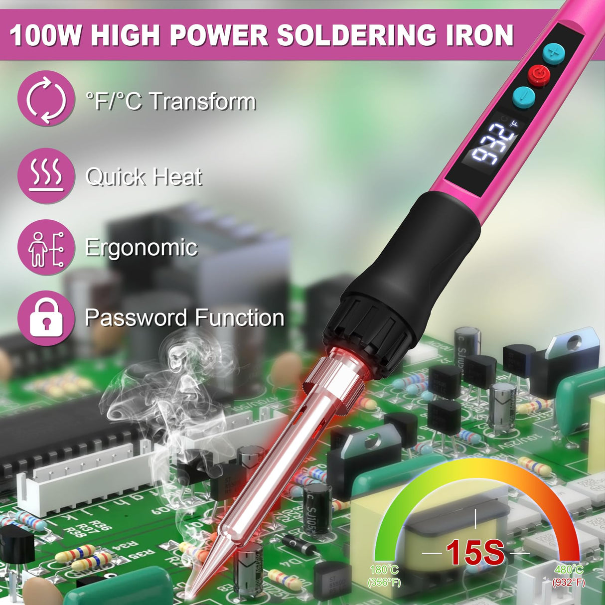 Soldering Iron Kit, 100W Soldering Gun with LED Digital Display, Adjustable Temperature 356-932℉ Solder Kit for Electronics, Includes Soldering Tip, Solder Wire, Stand, Tweezers and Paste, Rose Red Crtsweker