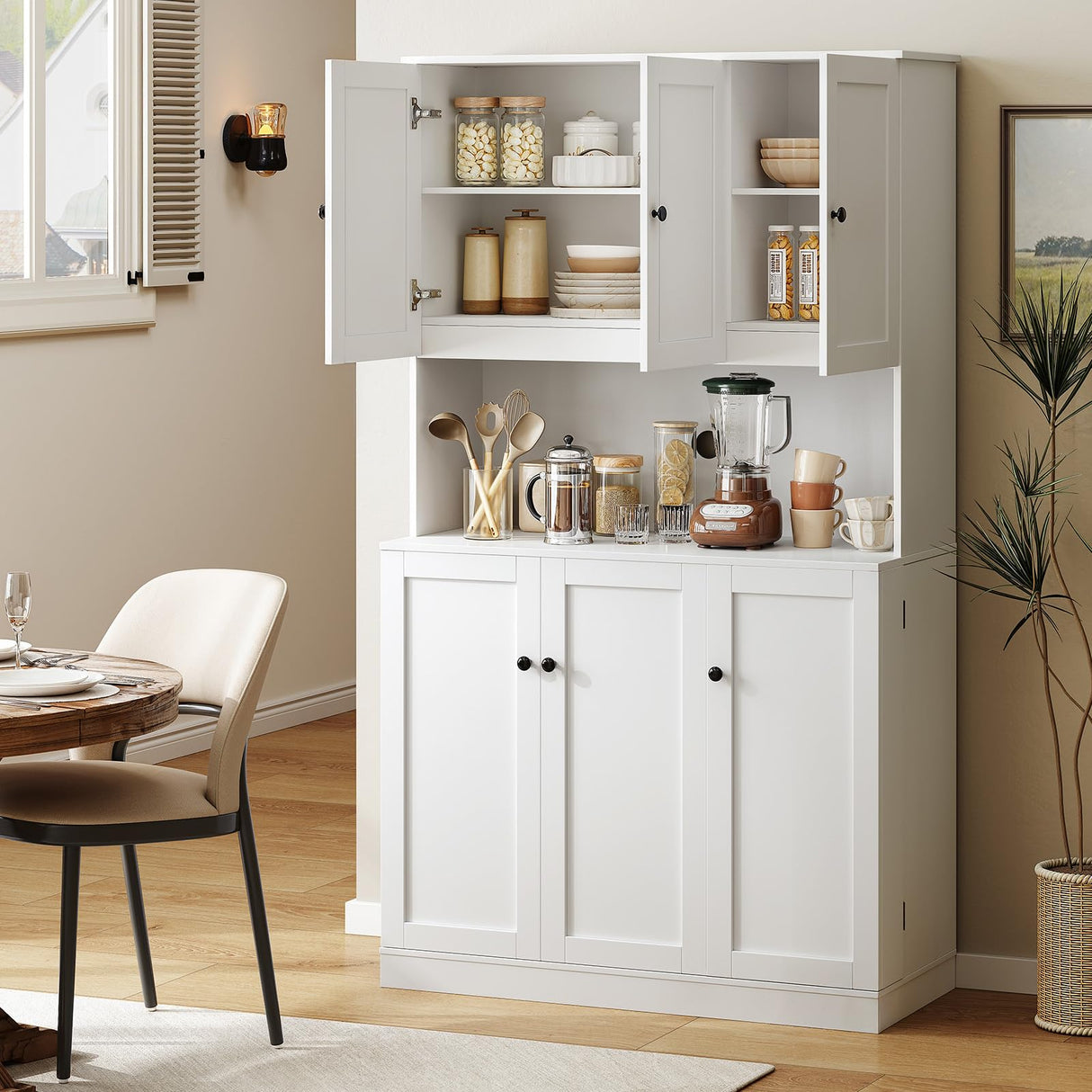 ONBRILL 71" Tall Kitchen Pantry Storage Cabinet with Microwave Stand & Door Shelf, Freestanding Kitchen Hutch with 6 Doors and Adjustable Shelves, Modern Food Pantry for Kitchen, Dining Room, White ONBRILL