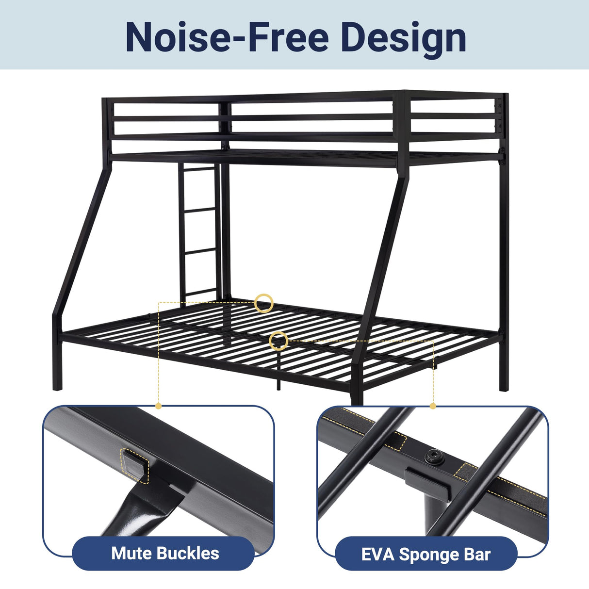 Allewie Metal Bunk Bed Twin Over Full Size for Junior & Adults with Ladder and Heavy Duty Guardrail, Small Space Saving Design for Bedroom Kid Room and Dorm, Black Allewie