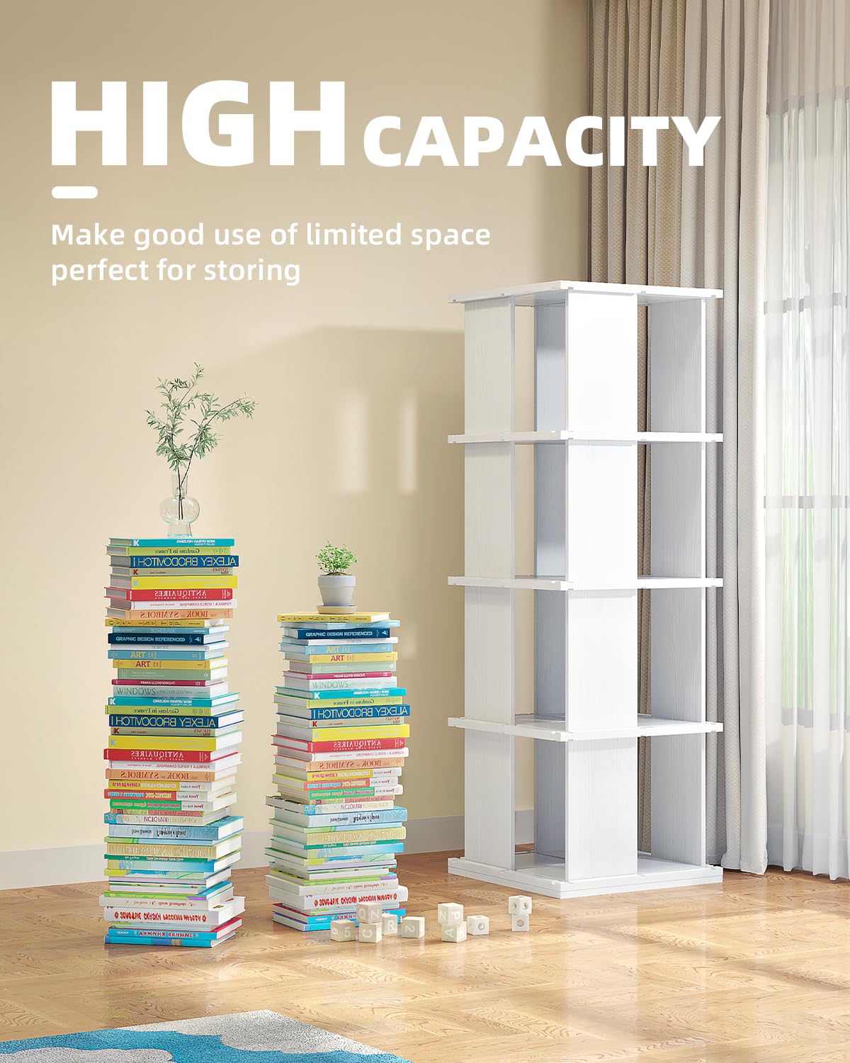 ATRURAL 4-Tier Rotating Bookshelf - 360° Solid Wood Bookcase Organizer in White - WoodArtSupply