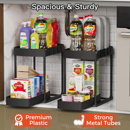 Ukeetap 2 Pack Multi-Purpose Pull-Out Storage Organizers, Under Sink Organizers and Storage for Bathroom & Kitchen, Under Cabinet Organizers and storage, 12.8 Inch, Black