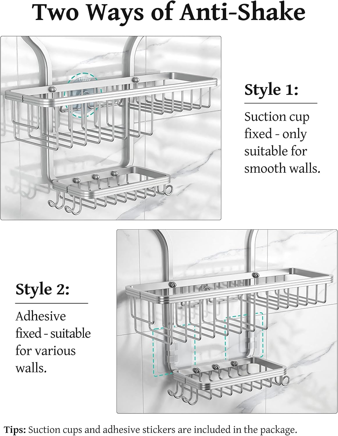 YASONIC Shower Caddy Hanging - Never Rust Shower Organizer - Aluminum Over The Head Caddy with 10 Hooks for Razor/Sponge - Rack with Soap Basket - Silver YASONIC