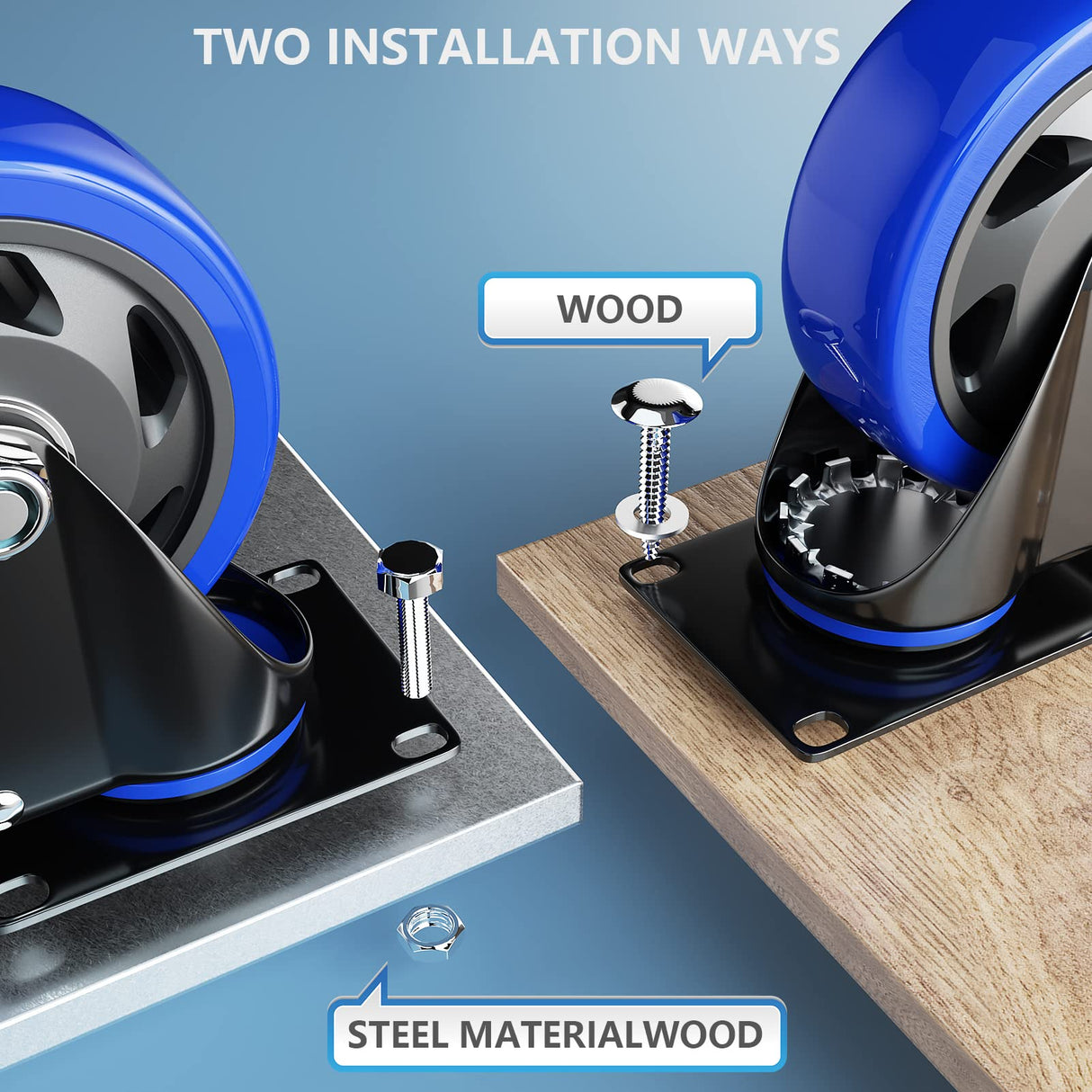 6 Inch Swivel Caster Wheels, Casters Set of 4 Heavy Duty with Brakes, Plate Casters No Noise Locking Castor with Polyurethane Wheels for Cart, Furniture,Workbench,Cabinet(Two Hardware Kits Include) WOZESEIK