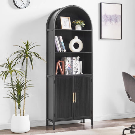 HUSHEDIFY Arched Bookcase Book Shelf with Doors, 5 Tier Tall Display Bookshelf Cabinet with Storage, Industrial Floor Standing Bookshelves Open bookcases for Home Office, Living Room(Black) HUSHEDIFY
