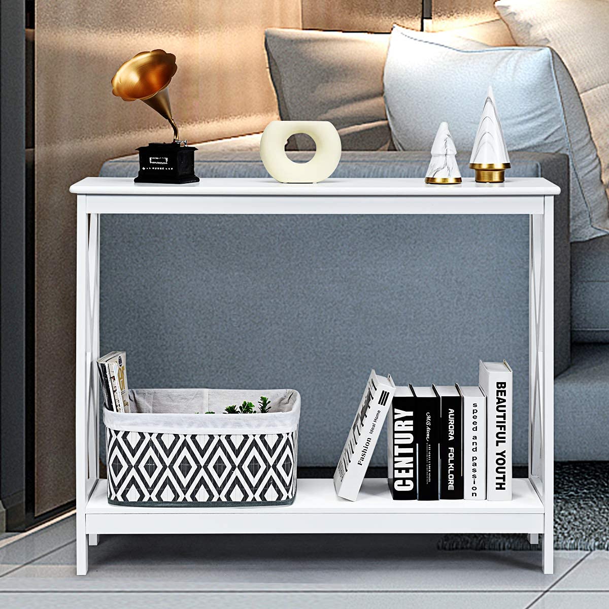 Giantex Console Table 2-Tier with Storage Shelf,X-Design Bookshelf Narrow Accent Table for Entryway Hallway Living Room Sofa Side Table (White)