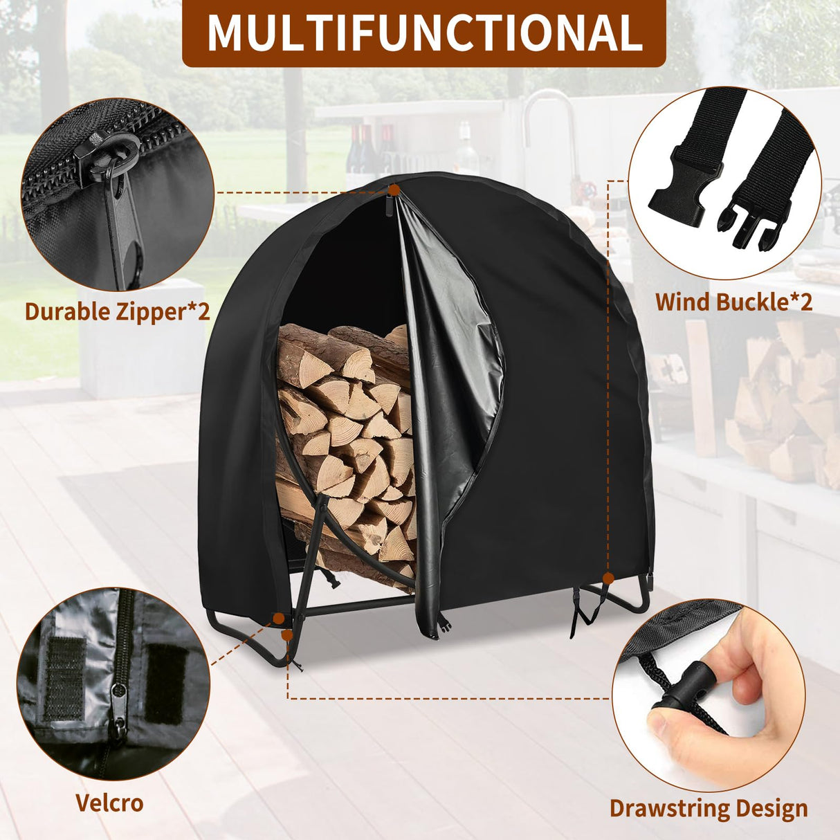 AKEfit 40 Inch Firewood Log Hoop Cover, Heavy Duty 600D Oxford Outdoor Waterproof Firewood Log Hoop Cover, Round Log Rack Cover with Zipper & 2 Windproof Buckle Straps & Drawstring (Cover Only) AKEfit