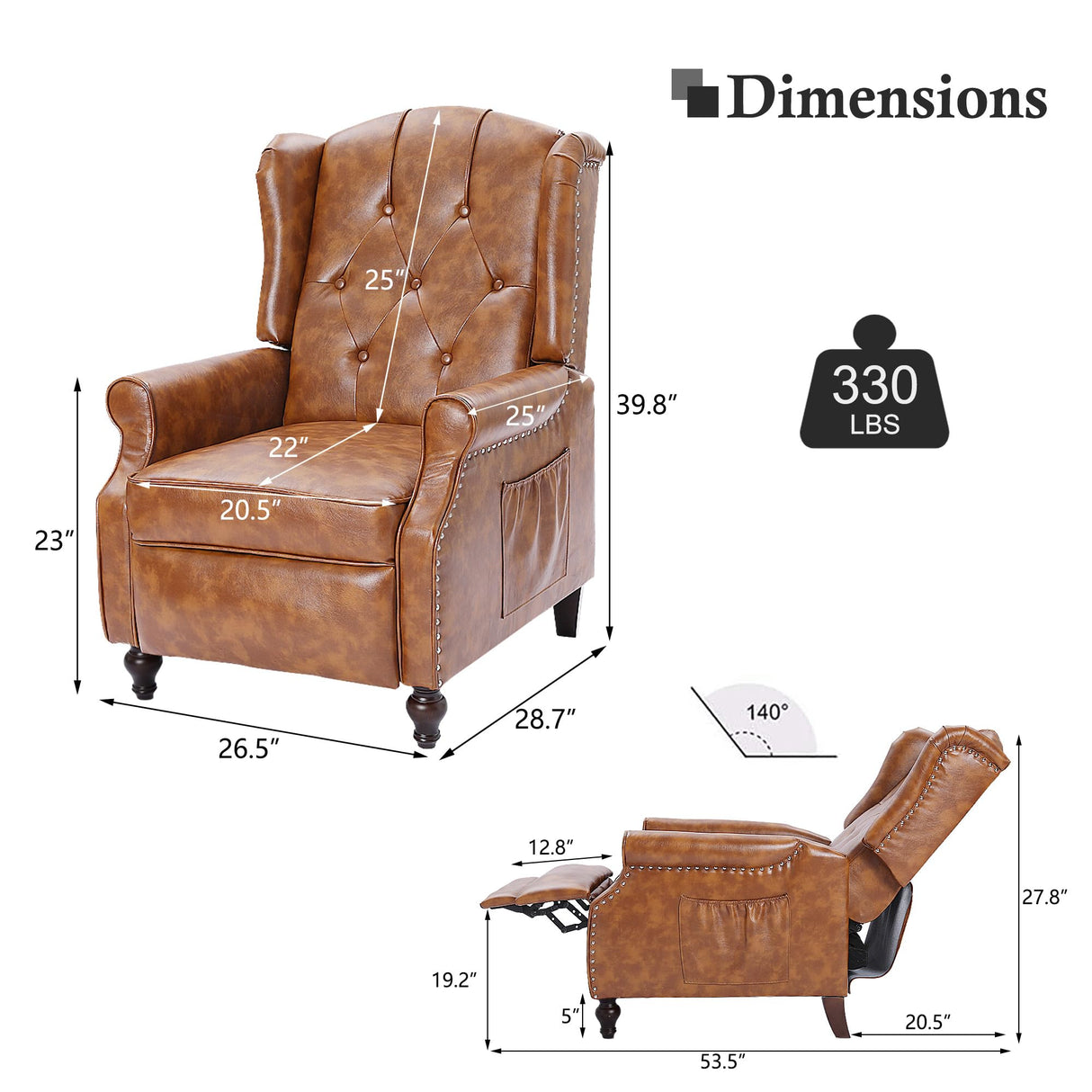B BAIJIAWEI Massage Recliner Wingback Chair with Heat, Tufted Fabric Armchair, Push Back Recliner with Remote Control, Adjustable Backrest & Heating Function for Living Room (Pu Brown) B BAIJIAWEI