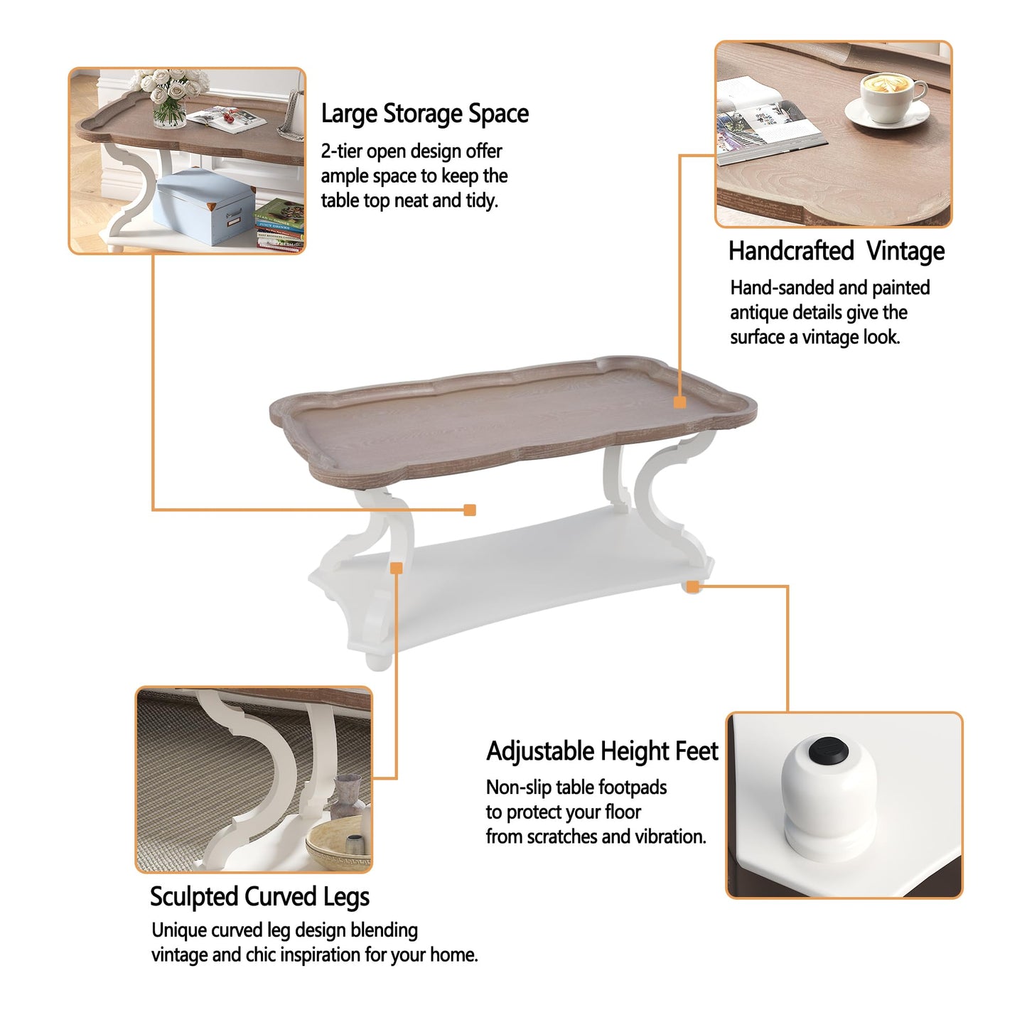 Function Home Farmhouse Coffee Table, Modern Cocktail Table with Storage Shelf, Sofa Table with Natural Tray Top and Carved Legs for Living Room, Bedroom, Dining Room in Vintage White - WoodArtSupply