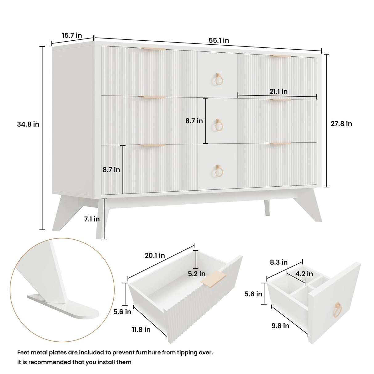 LIKIMIO Dresser for Bedroom 9 Drawers with LED Light, 55" Wide Fluted Chest of Drawers, Wood Closet Organizer, TV Stand for Living Room, White LIKIMIO