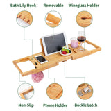 Utoplike Bamboo Bathtub Caddy Tray Bath Tray for Tub, Adjustable Bathroom Bathtub Organizer with Book Tablet Wine Glass Cup Towel Holder (24.5"-37.4") Utoplike