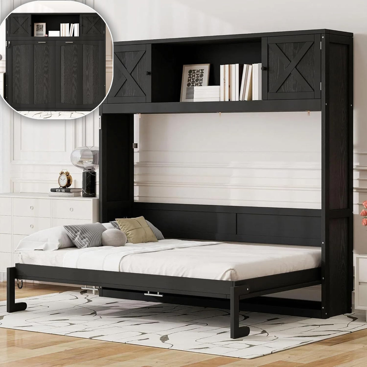 LUMISOL Full Size Horizontal Murphy Bed with Shelves, Murphy Bed with Storage Cabinets, Hidden Wall Bed with Support Legs, No Box Spring Needed, Black LUMISOL