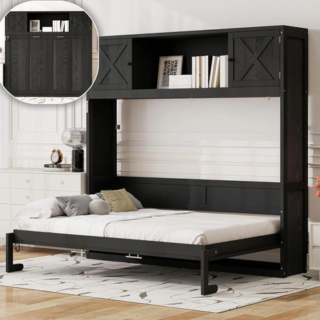 LUMISOL Full Size Horizontal Murphy Bed with Shelves, Murphy Bed with Storage Cabinets, Hidden Wall Bed with Support Legs, No Box Spring Needed, Black LUMISOL