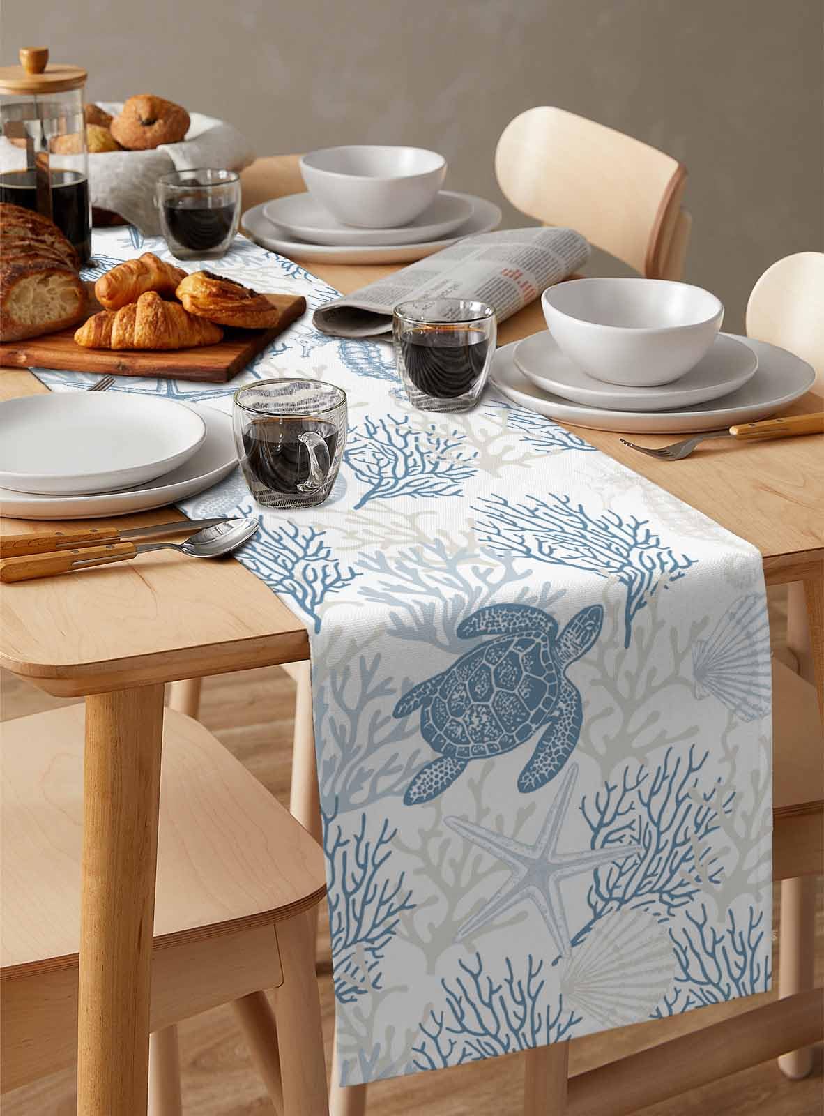 Blue Grey Coastal Table Runner 70 Inches Long, Summer Beach Nautical Farmhouse Dress Scarves, Sea Turtle Ocean Coral Dining Tablerunner for Coffee Table/Kitchen Island/Party Décor, 13" x 70" Seven Roses