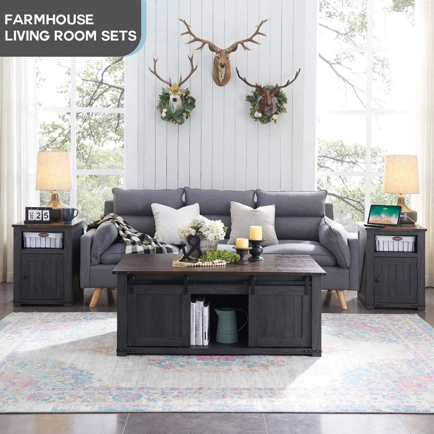 IFGET Lift Top Coffee Table with Double Storage Spaces, Farmhouse Rustic Wood Center Table with Sliding Groove Barn Door, Coffee Table Converts to Dining Table for Living Room Office (Dark Gr - WoodArtSupply