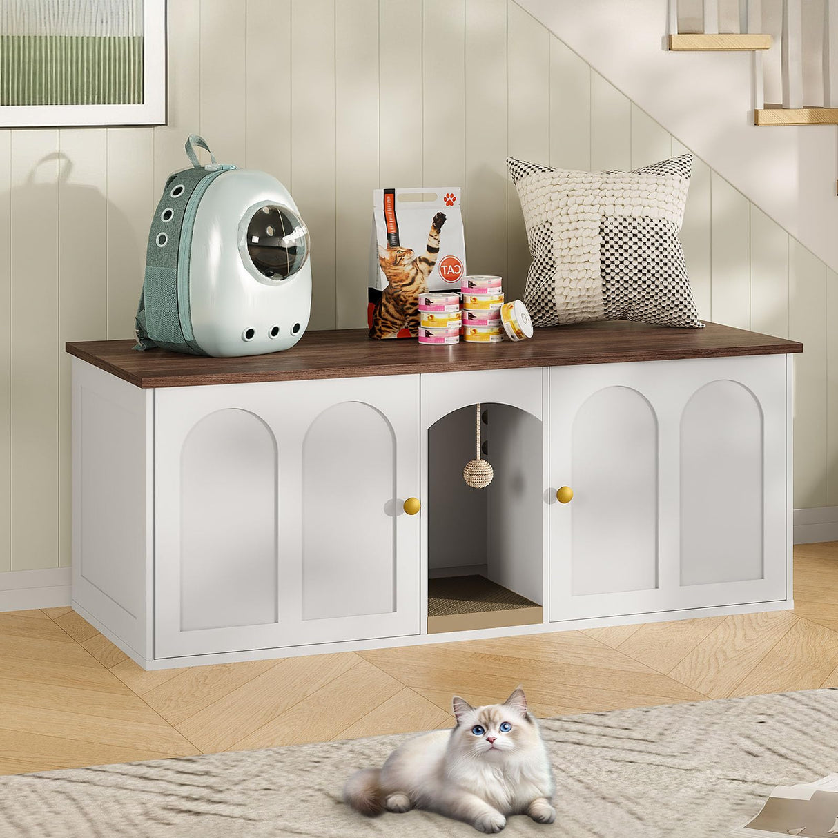 CHOEZON 47.2'' Double Cat Litter Box Enclosure, Hidden Cat Litter Box Furniture with Scratching Board and Dangling Ball, for 2 Cats, White and Walnut MMW02WL CHOEZON