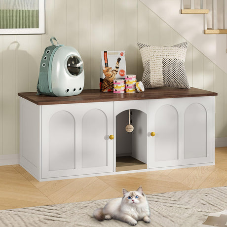CHOEZON 47.2'' Double Cat Litter Box Enclosure, Hidden Cat Litter Box Furniture with Scratching Board and Dangling Ball, for 2 Cats, White and Walnut MMW02WL CHOEZON