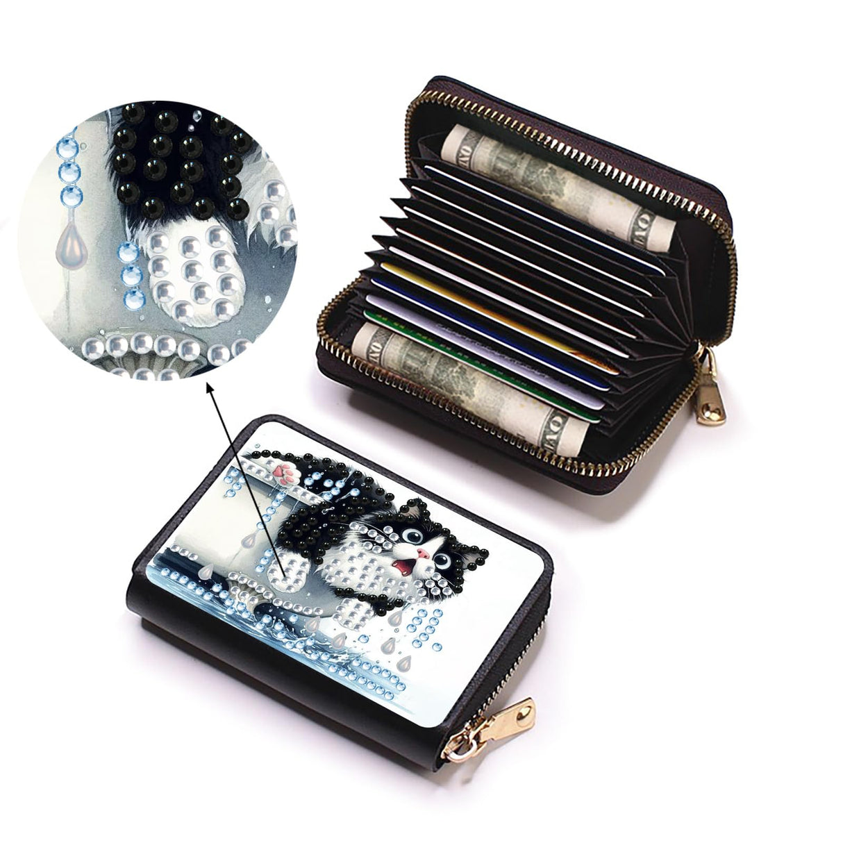 BAYUNOE Diamond Art Painting Credit Card Holder Anti-demagnetization Wallet with Zipper Business Accordion Card Wallet for Women Men Travel-Cat BAYUNOE