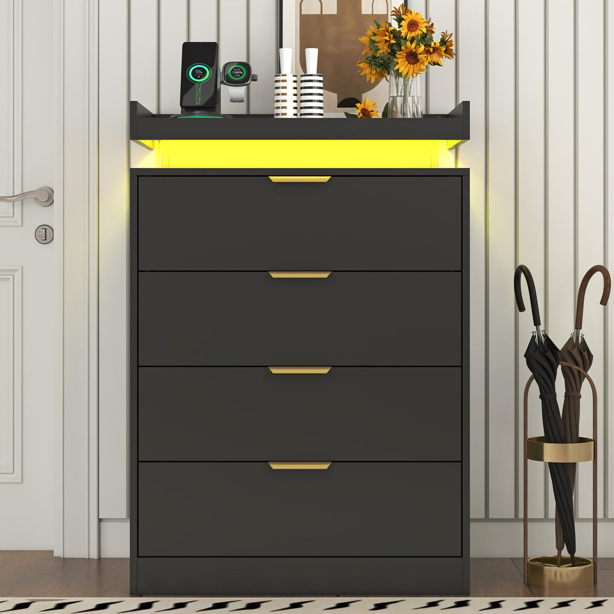 knoworld Black Dresser with LED Lights, Wooden LED Dresser, 4 Drawer Chest with Charging Station, Tall Chest of Drawer Closet Organizer for Bedroom, Living Room, Entryway, Hallway knoworld