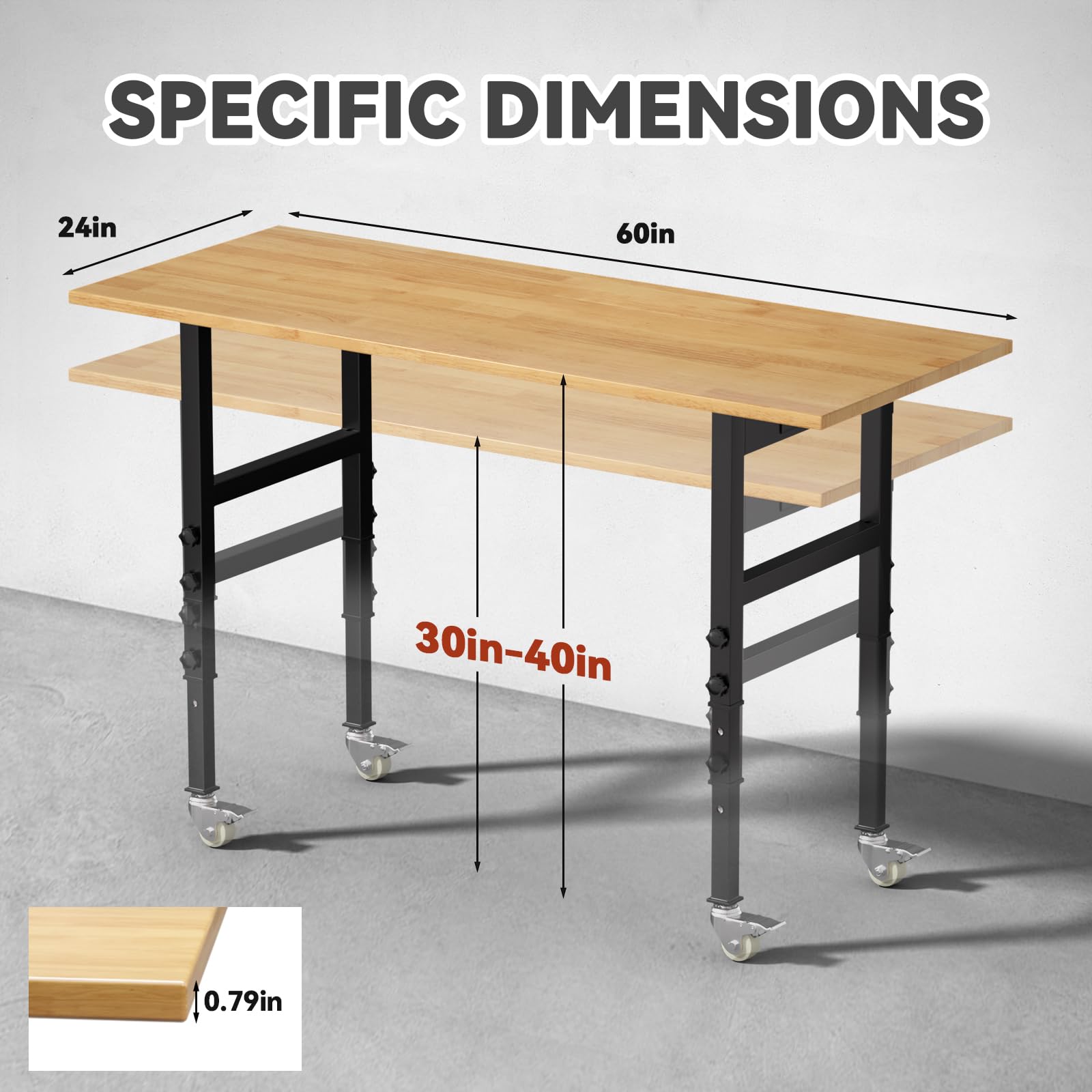 Granper 60" Adjustable Height Workbench, Solid Wood Work Table with Wheels and Power Outlet, 2000 LBS Load Capacity, Heavy-Duty Garage Workbench for Workshop, Office, Home - WoodArtSupply